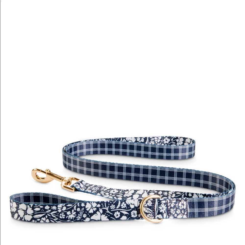 Bond & Co Navy Blue & Black Floral & Plaid Reversible Dog Leash 6FT